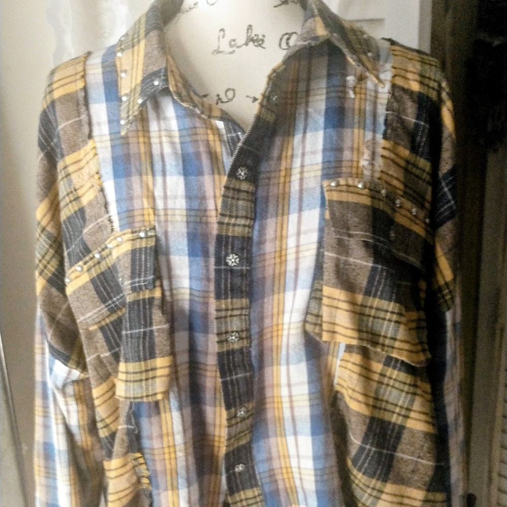 POL Yellow, Blue & Brown Plaid Oversized Button-Down Shirt with Stud Accents